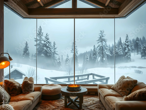 Snowy Mountain Cabin with Scenic Window View, No 007 – AI Generated