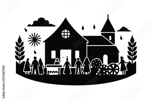 Folk harvest festival scene with rural charm joyous celebration vector art illustration