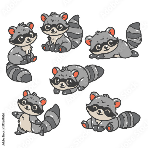 Set of cute raccoons in various poses with hand-drawn vector illustrations. Doodle flat art style, isolated and easy to use for creative projects and designs.