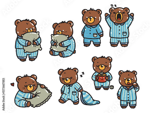 Set of cute bears with pajamas in various poses, vector illustrations. Doodle flat art style, isolated and easy to use for creative projects and designs.