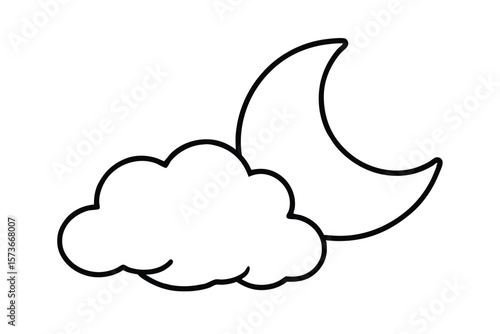 Minimal crescent moon asleep with cloud puffs tranquil celestial vector art illustration