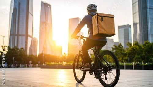 Delivery person on bicycle at sunset