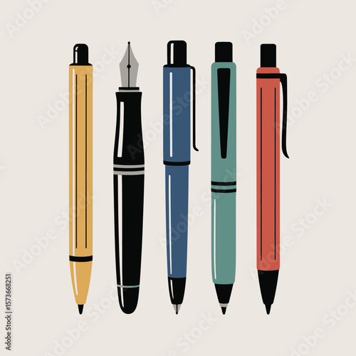 Collection of five colorful pens and a fountain pen arranged in a row