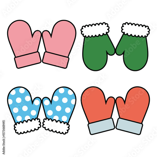 Collection of four pairs of colorful winter mittens with different patterns and textures