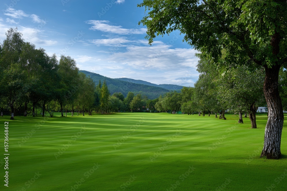 Fototapeta premium A lush green meadow is lined with trees leading to distant hills beneath a blue sky dotted with clouds