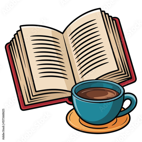 Open book with lines of text next to a steaming cup of coffee on a saucer