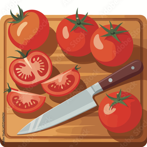 Fresh ripe tomatoes sliced and whole on a wooden cutting board with a knife