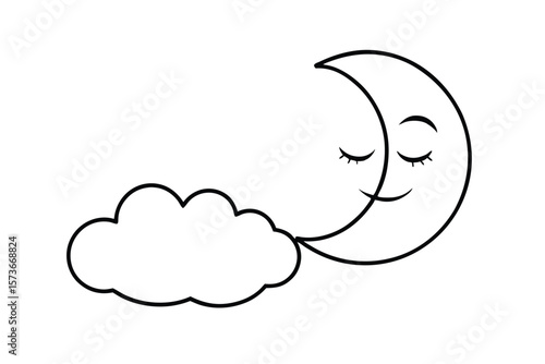 Peaceful sleeping moon face and floating clouds tranquil night vector art illustration
