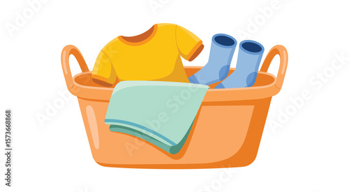 Orange laundry basket filled with yellow t shirt blue socks and a folded light blue towel