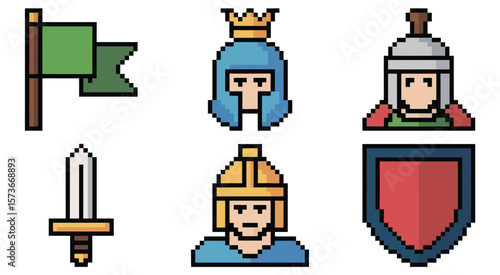Pixel art game assets including a flag sword shield and warrior helmets