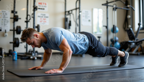 Wallpaper Mural Man performs push up on yoga mat in modern gym, showcasing strength and focus. environment features various gym equipment, emphasizing fitness and health Torontodigital.ca
