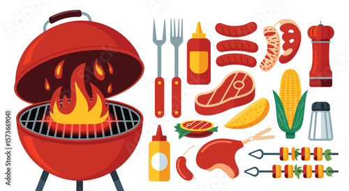 Red barbecue grill with assorted meats corn and condiments