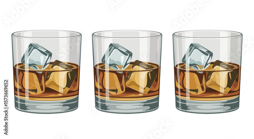 Three glasses of whiskey with ice cubes on a white background