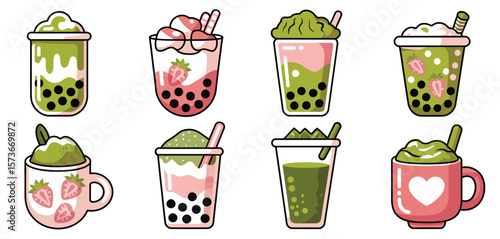 Collection of cute matcha and strawberry bubble tea drinks with tapioca pearls