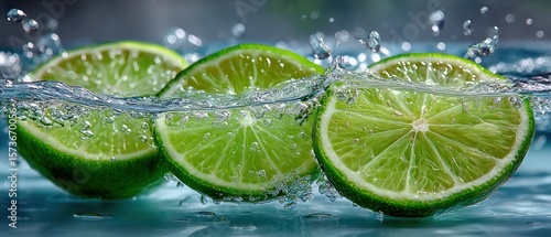 Fresh limes in water splash