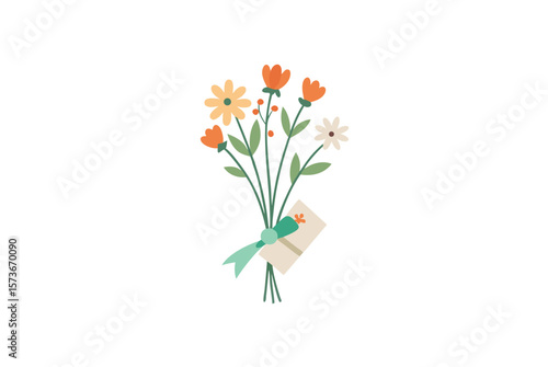 Wildflower bouquet with handwritten tag and ribbon personalized blooms vector art illustration