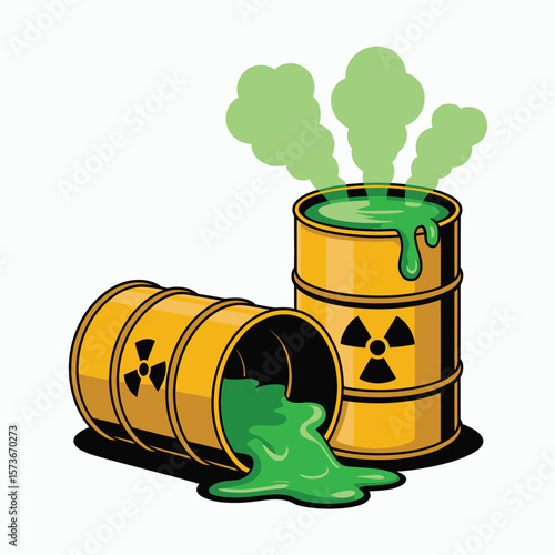 Leaking radioactive barrels emitting green toxic fumes and goo