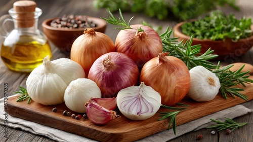 Fresh onions and garlic on a wooden board