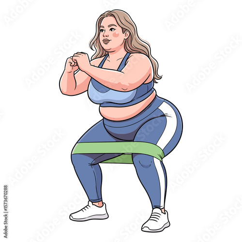 Plus-Size Woman Performing Squats with Resistance Band
