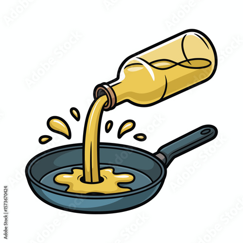Cartoon illustration of cooking oil being poured from a bottle into a frying pan