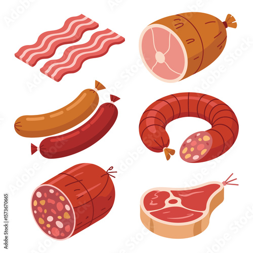 Variety of cured meats and bacon slices isolated on white background