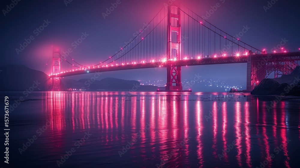 Obraz premium Bridge illuminated with pink lights reflected in water under a night sky with fog