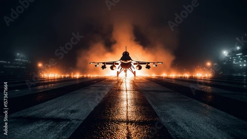 Night Flight: An F-16 Fighter Jet Poised for Takeoff on a Runway with Intense Afterburner Flames