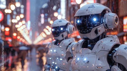 Wallpaper Mural Futuristic robots stand in a rainy city street with blurred lights and people Torontodigital.ca