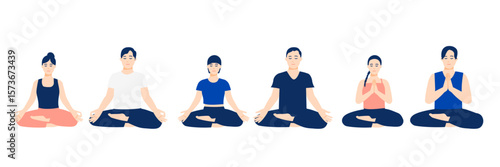 瞑想する男女（３ペア）のイラストセット