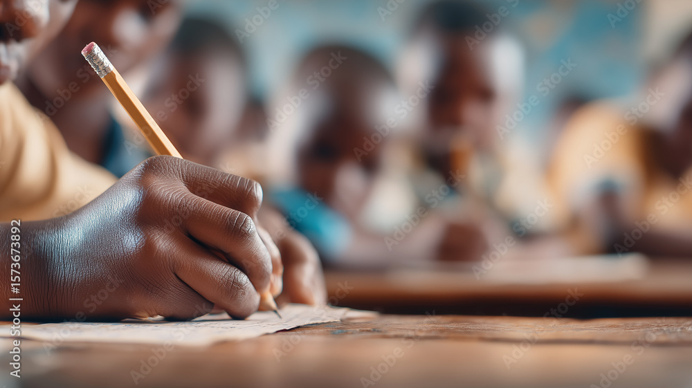 Obraz premium Empowering Education Scene Highlighting a Young African Student Diligently Writing to Shape a Brighter Future. 