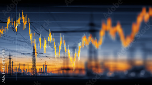 Electricity Market Volatility Concept Displayed by Vibrant Graph Overlay on Power Transmission Towers.
