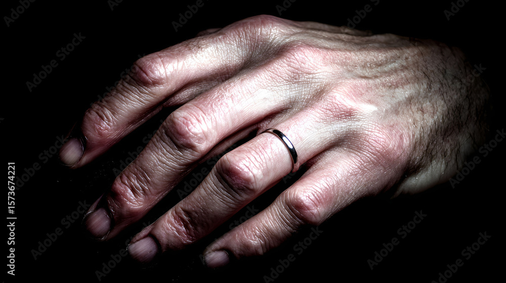 Fototapeta premium Sweaty Hand With Ring Shows Detail Skin Texture in Dramatic Lighting