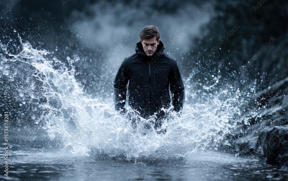 Fototapeta premium Man in black jacket wading through water splashes