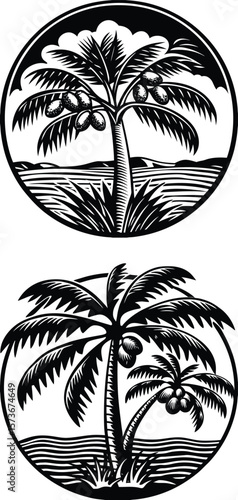 Tropical Coconut Palm Trees in Circle Frames vector illustration.