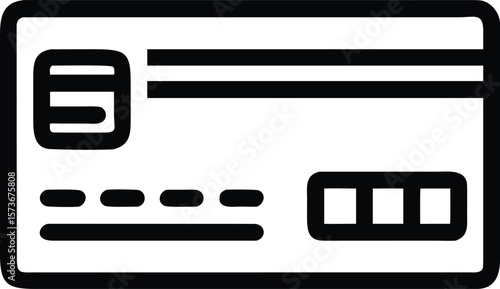 Outline illustration of a credit card with chip and magnetic stripe on a white background