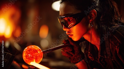 Female glass artist blowing molten glass globe on blowpipe