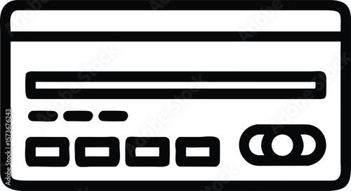 Illustration of a credit card with a chip and magnetic stripe in a minimalist black outline style