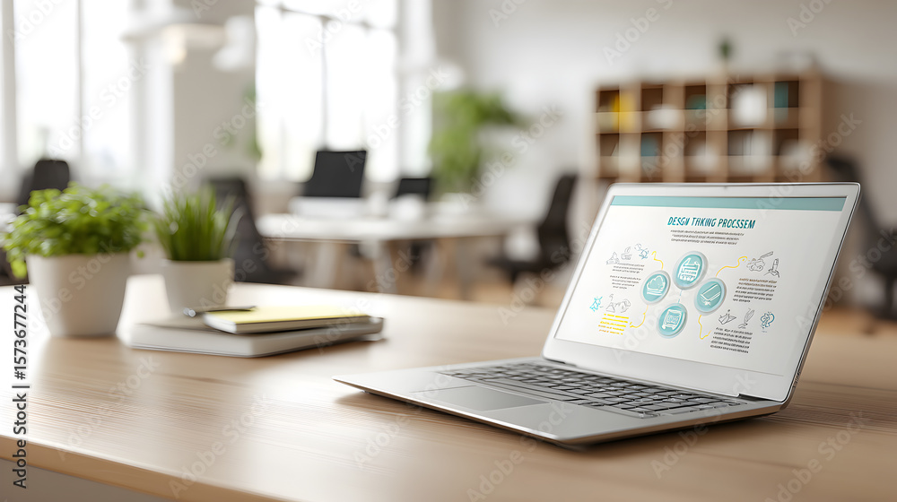 Fototapeta premium a modern office interior featuring a laptop displaying data analytics on a wooden desk. The scene is bright and airy, with a sense of innovation and productivity.