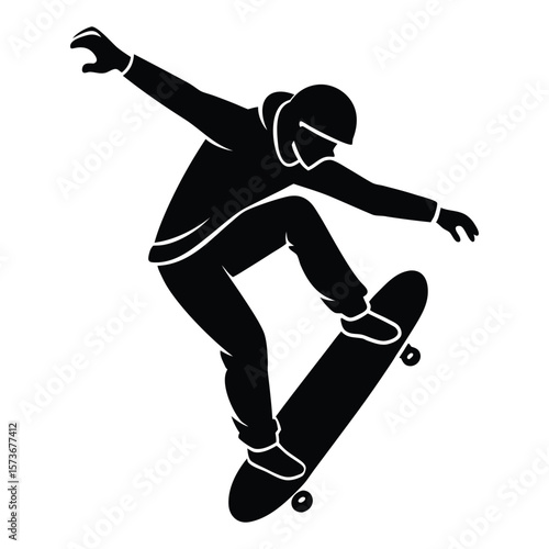 Dynamic skateboarder executing an aerial trick with a bold silhouette against a vibrant backdrop