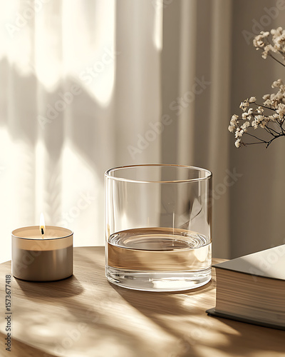 Cozy Glass and Candle on Wooden Table in Sunlit Minimalist Setting