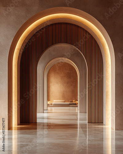 Elegant Interior Corridor with Archways and Soft Lighting Design