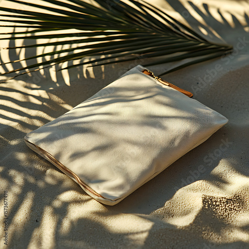 Minimalist Beige Pouch on Sandy Surface with Palm Leaf Shadows