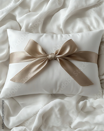 Elegant Pillow with Gold Ribbon Bow on Luxurious White Fabric