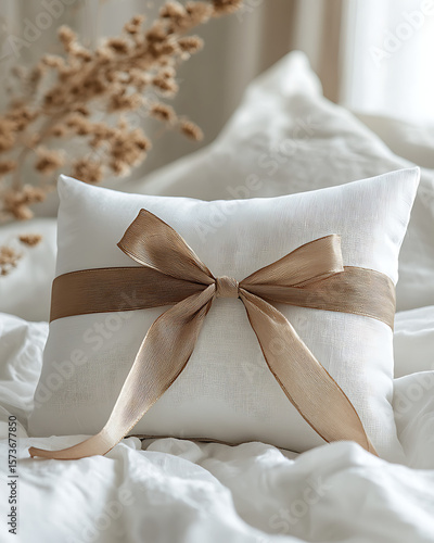 Elegant White Pillow with Beige Ribbon Bow in Cozy Setting