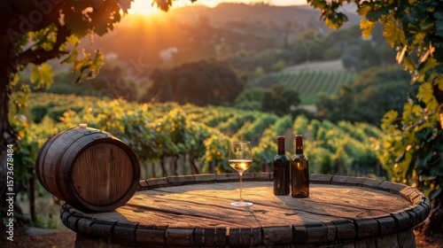 Sunny vineyard view. Wine barrel table with glass and bottles framed by tree foliage at sunset