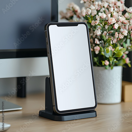Modern Smartphone with Blank Screen on Desk Near Decorative Plant