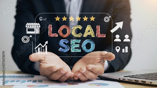 Man Presenting Local Seo Strategies with Star Ratings and Business Icons on Table with Laptop Computer and Marketing Data Charts
