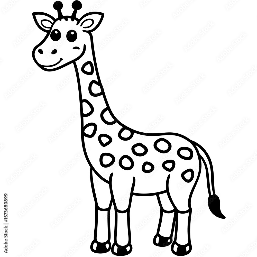 Fototapeta premium A cute cartoon giraffe with spots and a long neck in a black and white drawing