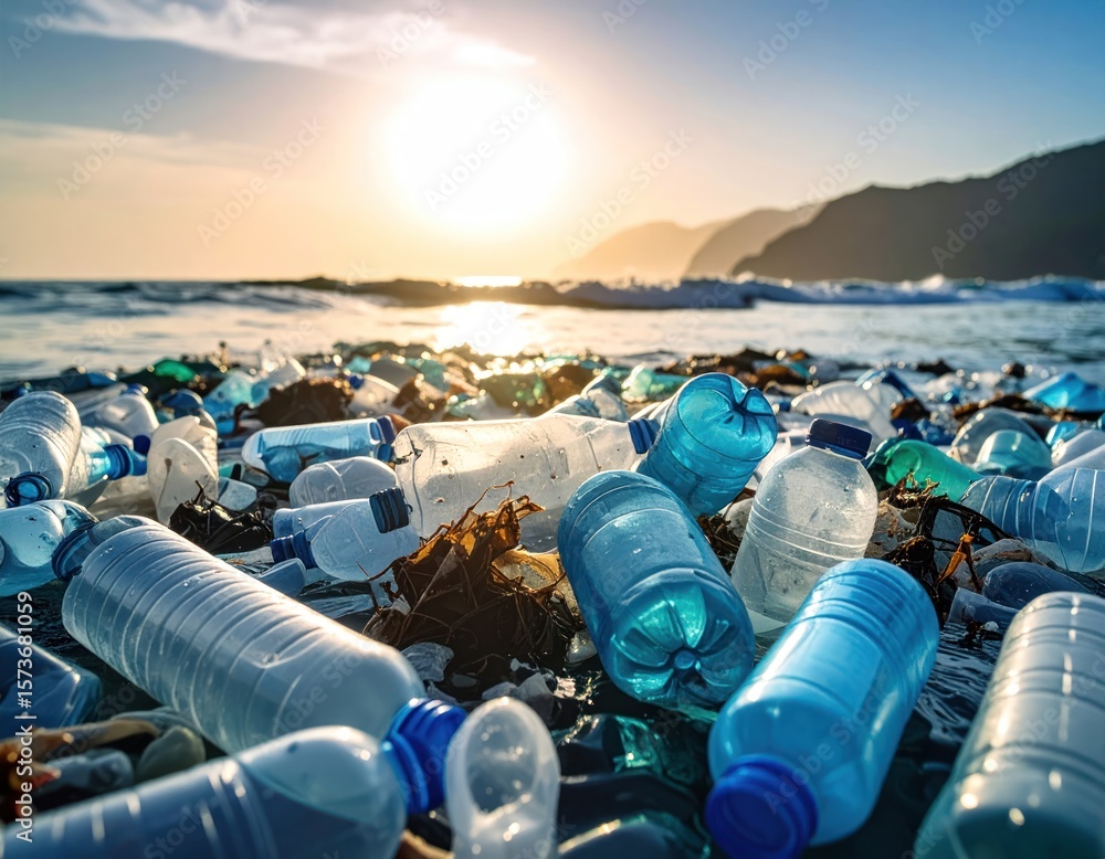 Plastic bottles litter a beach at sunrise. Plastic waste covers a shoreline at dawn, with waves gently lapping at the debris. Many plastic water bottles, various colors, are scattered amidst seaweed Plastic bottles litter a beach at sunrise. Plastic waste covers a shoreline at dawn, with waves gently lapping at the debris. Many plastic water bottles, various colors, are scattered amidst seaweed