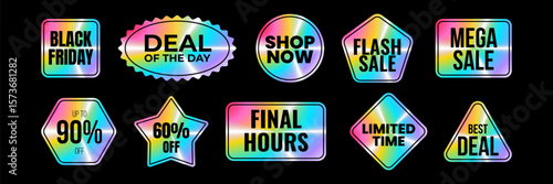 Set of holographic stickers. Black Friday. Hologram sale promo labels of different geometric shapes iridescent foil. Colored rainbow shiny discount emblems tags. Isolated Neon vector illustration